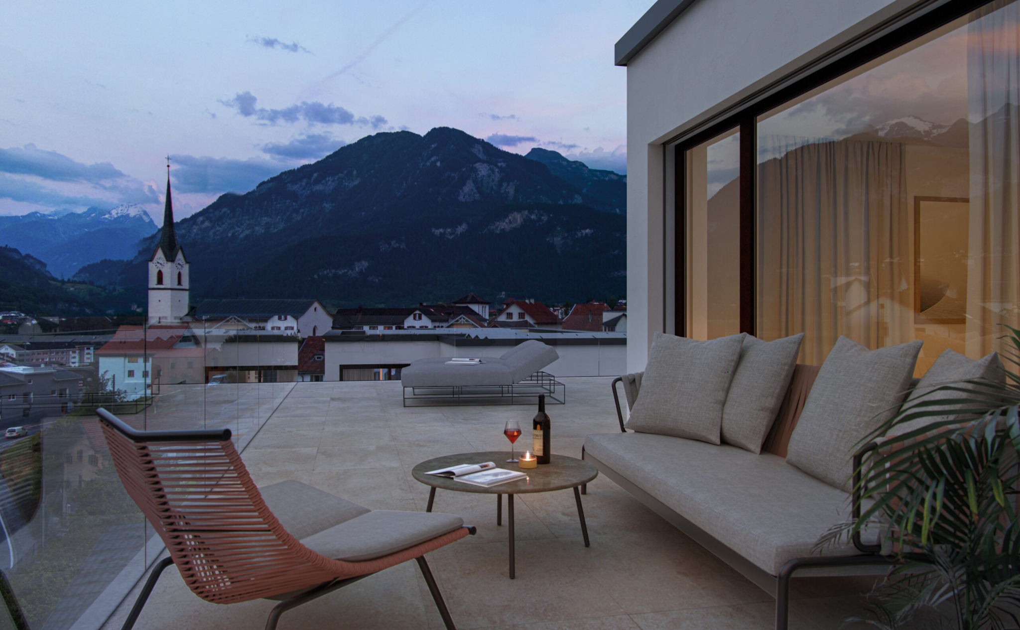 Scalottasblick Terrasse am Abend